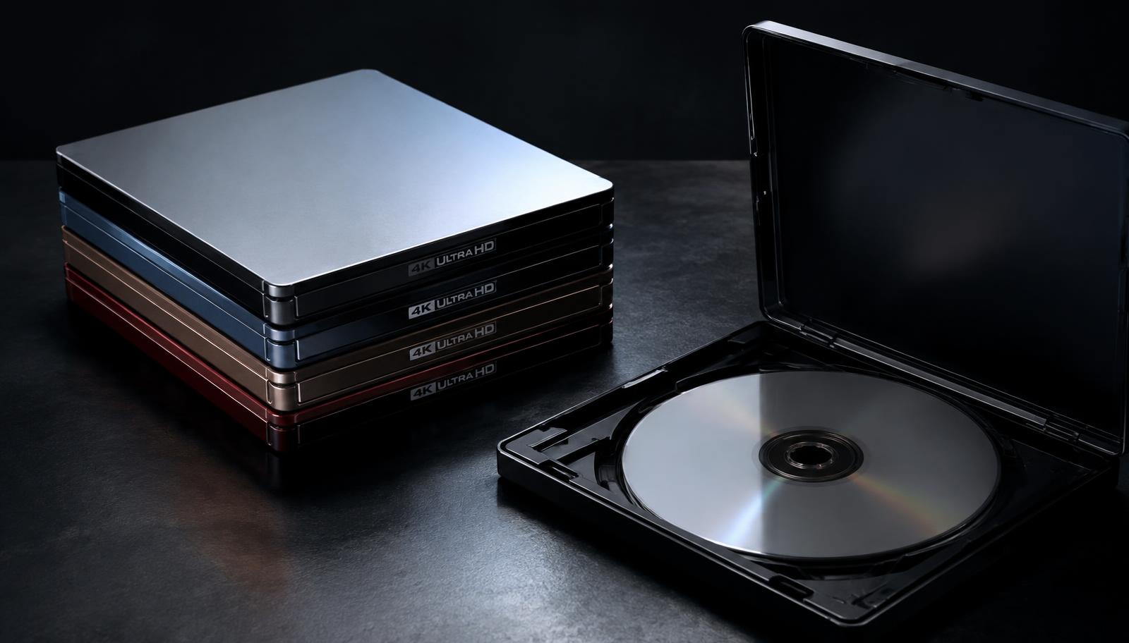 A stack of unmarked 4K Ultra HD steelbook cases beside an open disc tray.