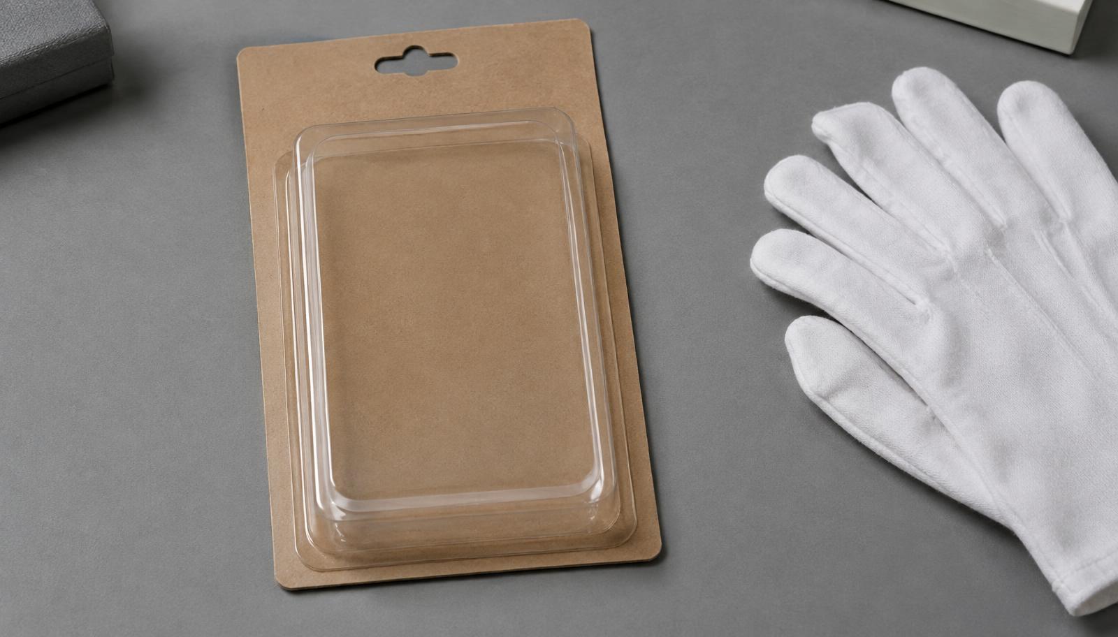 A blank carded blister package on an archival grey surface beside cotton gloves.