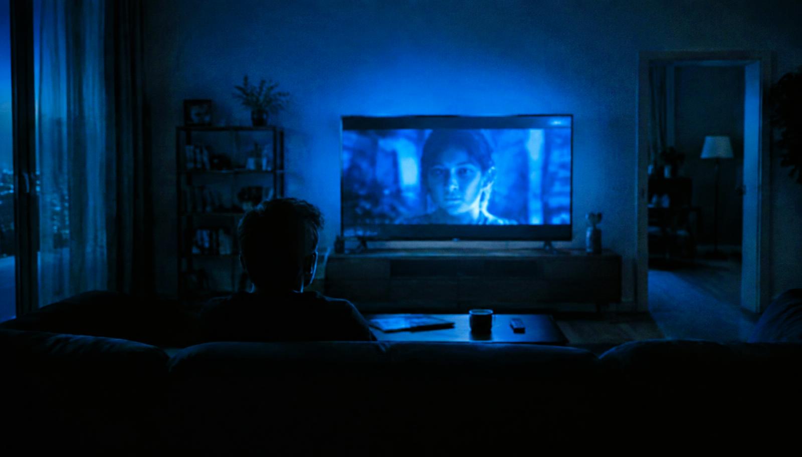 A darkened living room lit by the blue glow of a television during a late-night viewing session.