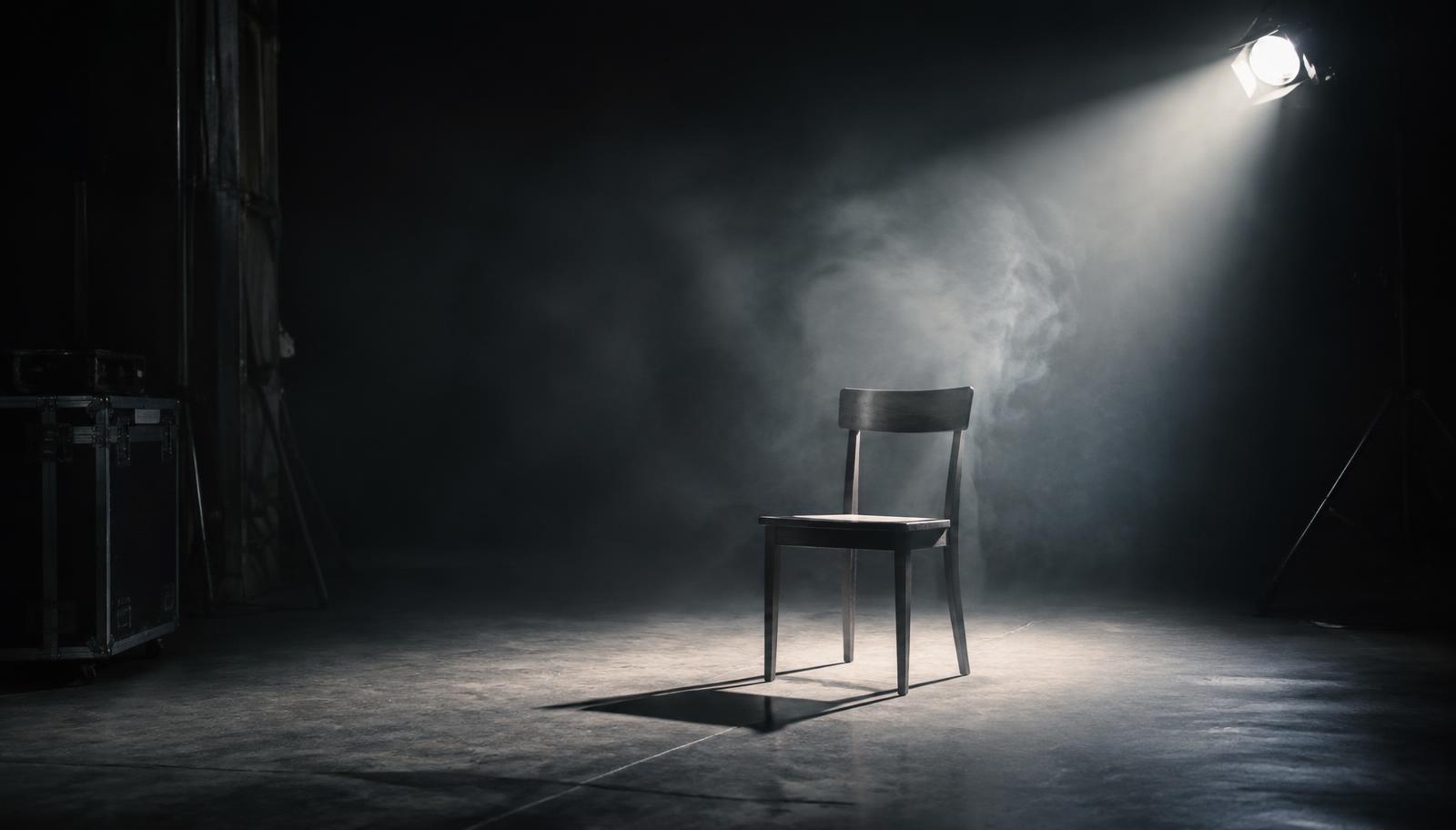 An empty chair under a single hard key light on a smoky sound stage during a camera test.
