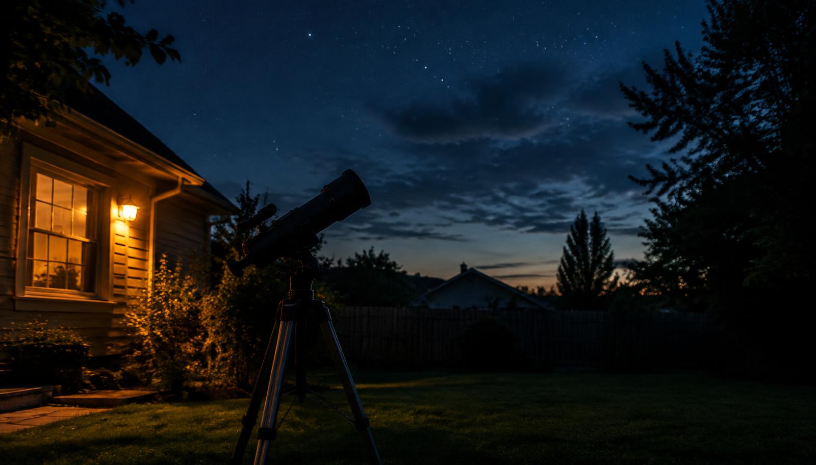 A telescope set up in a back yard beneath a deep blue night sky.